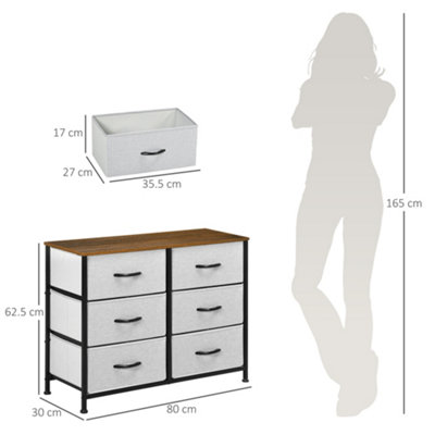 HOMCOM 6-Drawer Fabric Chest With Wooden Top – Modern Grey Storage Unit For Bedroom Or Hallway