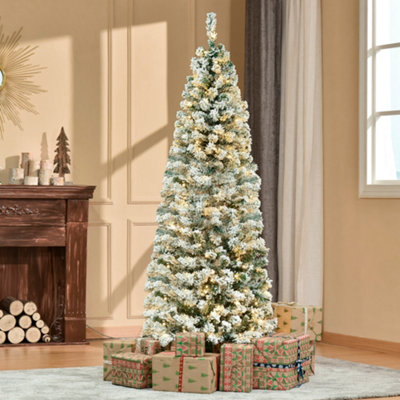 HOMCOM 6 Feet Prelit Artificial Snow Flocked Christmas Tree with Warm White LED Light Holiday Home Xmas Decoration Green White