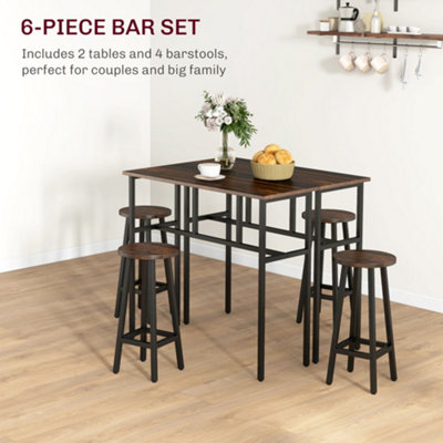 HOMCOM 6-Piece Industrial Bar Table Set, 2 Kitchen Tables with 4 Stools, Brown