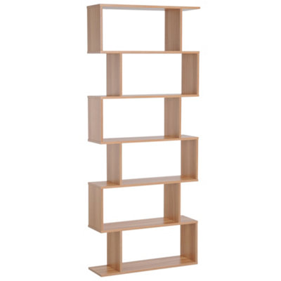 HOMCOM 6-Tier Wooden Modern S-Shaped Shelf Storage Unit Home Office Maple Colour