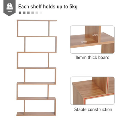HOMCOM 6-Tier Wooden Modern S-Shaped Shelf Storage Unit Home Office Maple Colour