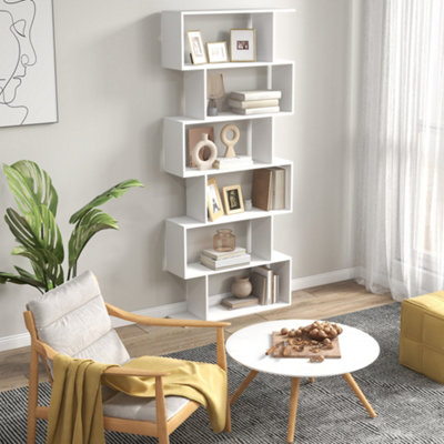 HOMCOM 6-Tier Wooden Modern S-Shaped Shelf Storage Unit Home Office White