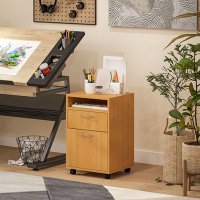 HOMCOM 60cm Filing Cabinet with Drawers and Open Shelf, Natural