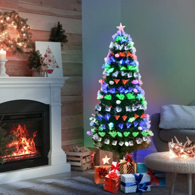 HOMCOM 6FT Pre-Lit Artificial Christmas Tree w/ Fibre Optic Baubles ...