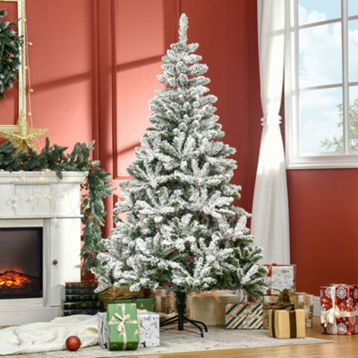 HOMCOM 6ft Snow Flocked Artificial Christmas Tree w/ Realistic Branch Tips