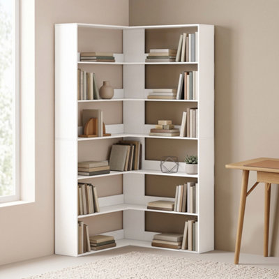 HOMCOM 7 Tiers Corner Bookshelf for Living, L-Shaped, White Wood Effect