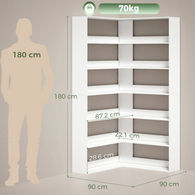 HOMCOM 7 Tiers Corner Bookshelf for Living, L-Shaped, White Wood Effect