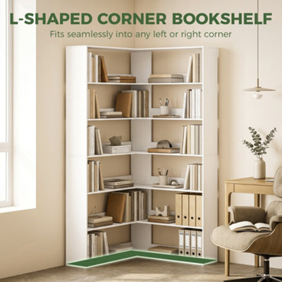HOMCOM 7 Tiers Corner Bookshelf for Living, L-Shaped, White Wood Effect