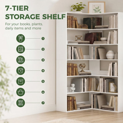 HOMCOM 7 Tiers Corner Bookshelf for Living, L-Shaped, White Wood Effect