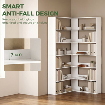 HOMCOM 7 Tiers Corner Bookshelf for Living, L-Shaped, White Wood Effect