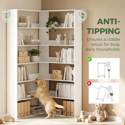 HOMCOM 7 Tiers Corner Bookshelf for Living, L-Shaped, White Wood Effect