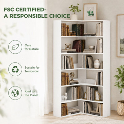 HOMCOM 7 Tiers Corner Bookshelf for Living, L-Shaped, White Wood Effect