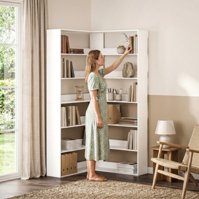 HOMCOM 7 Tiers Corner Bookshelf for Living, L-Shaped, White Wood Effect