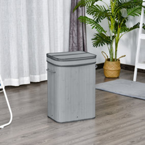HOMCOM 70L Wood Laundry Basket A Compartment Flip Lid Removable Lining Grey