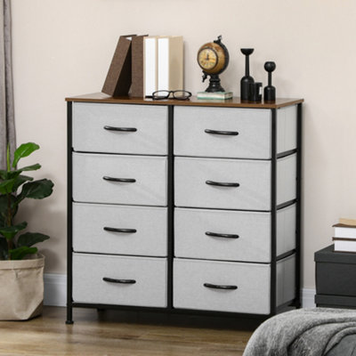 HOMCOM 8 Drawer Fabric Chest of Drawers w/ Wooden Top for Closet Hallway Grey