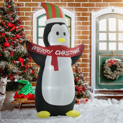 HOMCOM 8ft Inflatable Penguin & Christmas Banner Decoration Inner LED Lights