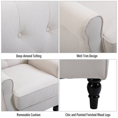 HOMCOM Accent Armchair Home Furniture Retro Tufted Club Wood Fabric Cream White