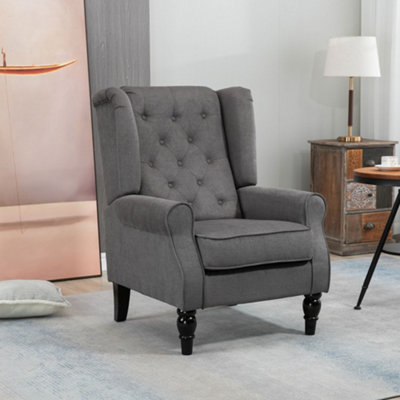 HOMCOM Accent Armchair Home Furniture Retro Tufted Club Wood Fabric Dark Grey