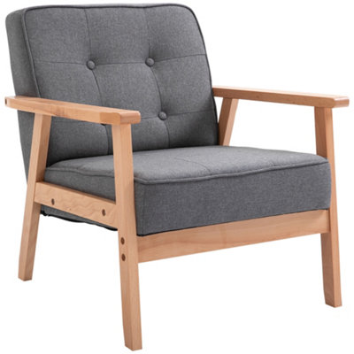 HOMCOM Accent Chair Linen Armchair w/ Armrests for Living Room Grey Natural