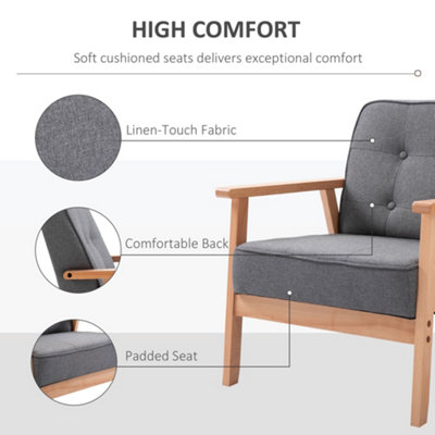 HOMCOM Accent Chair Linen Armchair w/ Armrests for Living Room Grey Natural