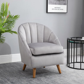 HOMCOM Accent Chair Velvet Fabric Single Sofa Armchair Home Living Room Solid Wood Leg Upholstered Side Grey