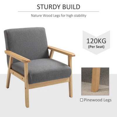 HOMCOM Accent Chair with Wood Frame Wide Seat Linen Armchair Grey