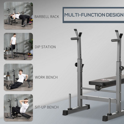 HOMCOM Adjustable Weight Bench with Barbell Rack, Dip Station, Grey
