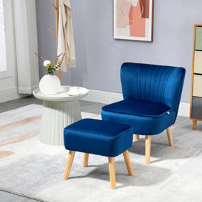HOMCOM Armchair Velvet Accent Chair Occasional Tub Seat Padding Curved Back with Ottoman Wood Frame Legs Home Furniture Dark Blue