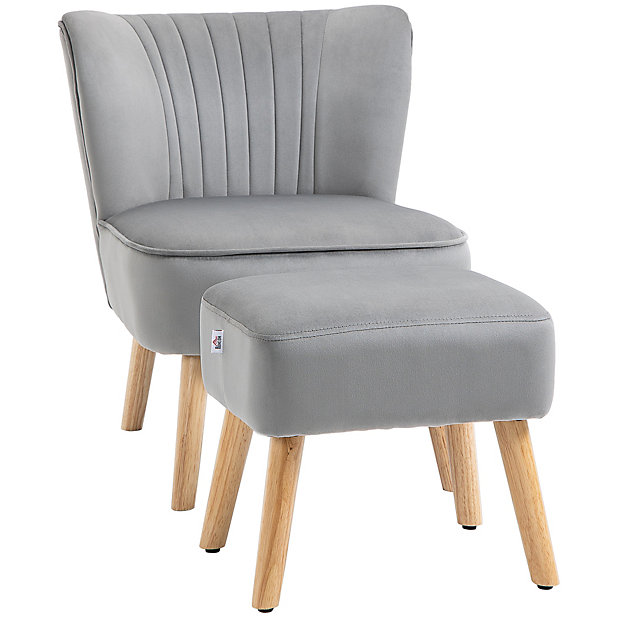 HOMCOM Armchair Velvet Accent Chair Occasional Tub Seat Padding Curved Back  with Ottoman Wood Frame Legs Home Furniture Light Grey | DIY at B&Q