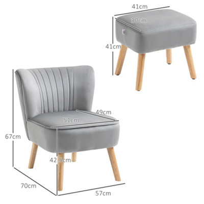 HOMCOM Armchair Velvet Accent Chair Occasional Tub Seat Padding Curved Back with Ottoman Wood Frame Legs Home Furniture Light Grey