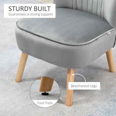 HOMCOM Armchair Velvet Accent Chair Occasional Tub Seat Padding Curved Back with Ottoman Wood Frame Legs Home Furniture Light Grey