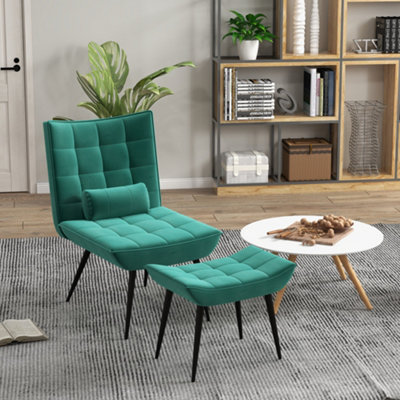 HOMCOM Armless Accent Chair with Footstool Set with Pillow and Steel Legs Green