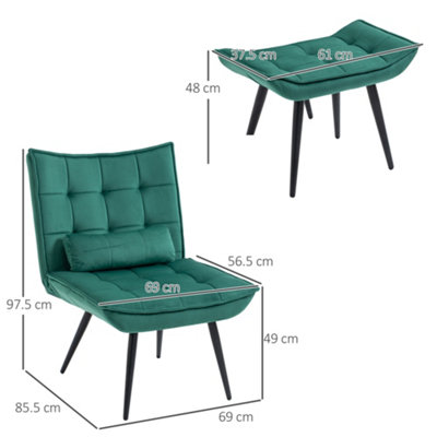 HOMCOM Armless Accent Chair with Footstool Set with Pillow and Steel Legs Green
