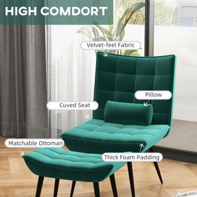 HOMCOM Armless Accent Chair with Footstool Set with Pillow and Steel Legs Green