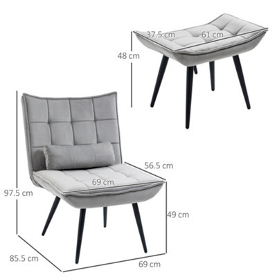 HOMCOM Armless Accent Chair with Footstool Set with Pillow and Steel Legs Grey