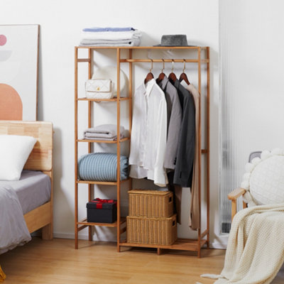 Portable Clothes Rack Coat Garment Stand Bamboo Rail Hanger Airer Closet -  Dark Wood - Furniture > Home Furniture