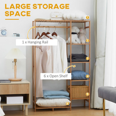 HOMCOM Bamboo Clothes Rail Garment Rack with 6 Tier Storage Shelf ...