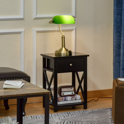 HOMCOM Banker's Table Lamp Desk with Antique Bronze Base, Green Glass Shade  and Pull Rope Switch