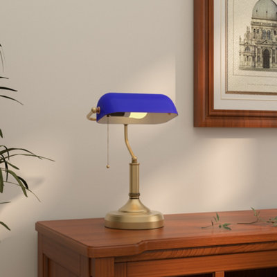 HOMCOM Banker's Table Lamp w/ Antique Bronze Tone Base, Blue