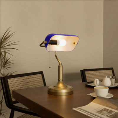 HOMCOM Banker's Table Lamp w/ Antique Bronze Tone Base, Blue