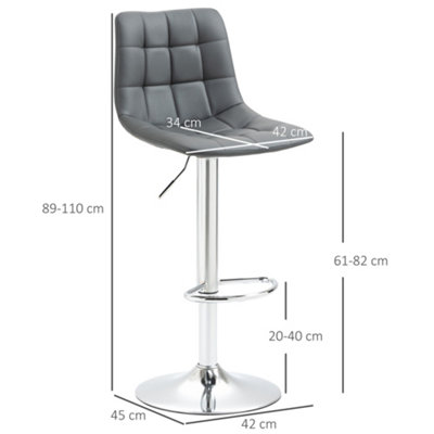 HOMCOM Bar Stools Set of 2 Adjustable Counter Barstools W/ Footrest Grey