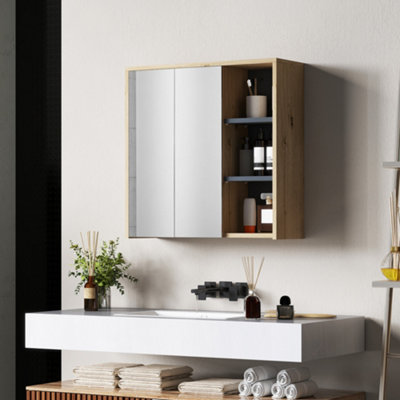 HOMCOM Bathroom Cabinet Wall Mounted Mirror Storage with Shelves Natural