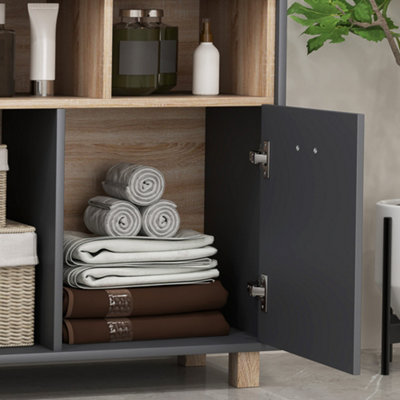 HOMCOM Bathroom Cabinet with Open Compartments and 2 Doors, Grey