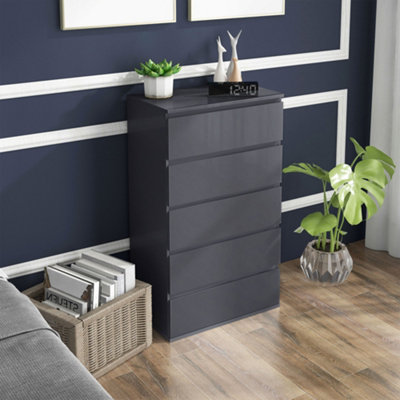 HOMCOM Bedroom Chest of Drawers, High Gloss 5 Drawers Dresser, Grey