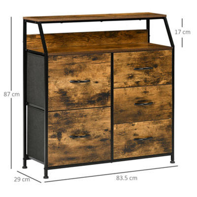 HOMCOM Bedroom Chest of Drawers with 5 Fabric Drawers, Open Shelf, Rustic Brown
