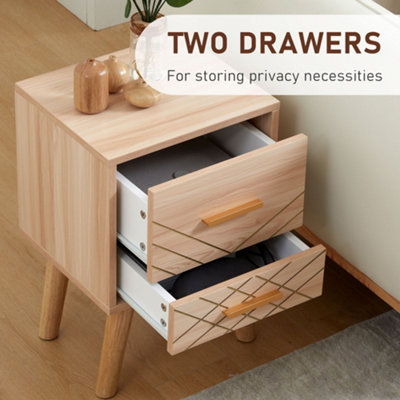 HOMCOM Bedside Table with Two Drawers, Side Cabinet Storage Unit with Metal Handles, Organisation Furniture for Living Room, Bedroom, Walnut Brown