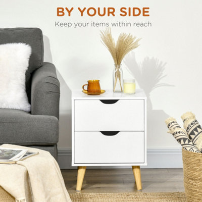 HOMCOM Bedside Table with Drawer, Side Table with Pine Wood Legs, White