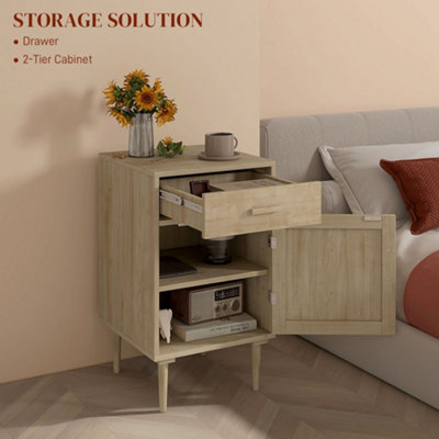 HOMCOM Bedside Table with Rattan Drawer, Cabinet and Adjustable Shelf, Natural