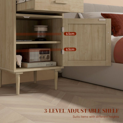 HOMCOM Bedside Table with Rattan Drawer, Cabinet and Adjustable Shelf, Natural