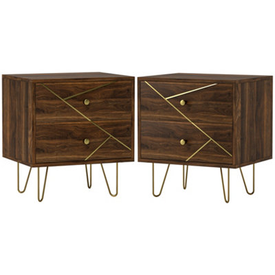 HOMCOM Bedside Tables Set of 2, Modern Side Table Set with 2 Drawers, Brown